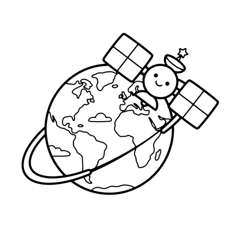 Na obrazku znajduje się uśmiechnięty sztuczny satelita krążący wokół Ziemi na tle pojedynczej dużej gwiazdy.