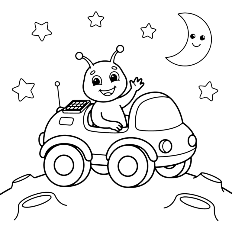 Na obrazku znajduje się radosny, uśmiechnięty kosmita z antenkami, siedzący w małym, otwartym pojeździe kołowym na powierzchni Księżyca i machający ręką na powitanie.