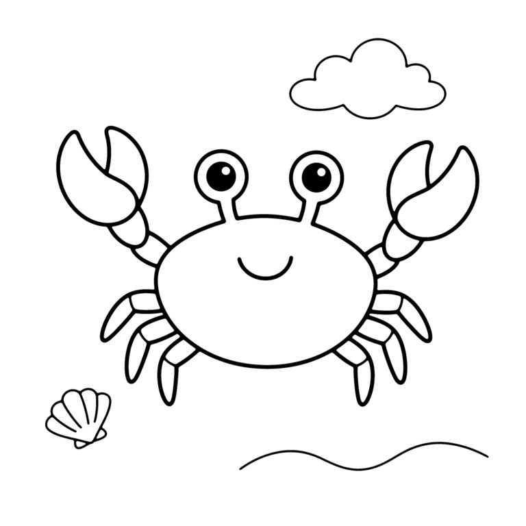 Na obrazku znajduje się uśmiechnięty krab pod chmurką, obok którego leży mała muszelka i linia brzegu.