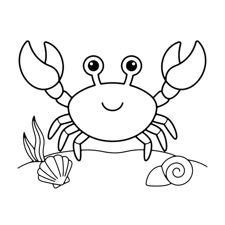 Na obrazku znajduje się duży, uśmiechnięty krab stojący na piasku pośród dwóch muszli i wodorostów.