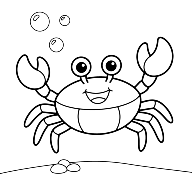 Na obrazku znajduje się uśmiechnięty krab stojący na piaszczystym dnie morza, nad którym unoszą się okrągłe bąbelki powietrza.