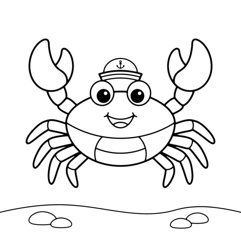 Na obrazku znajduje się uśmiechnięty krab noszący białą marynarską czapkę z kotwicą, stojący na piaszczystym dnie z kilkoma kamykami.