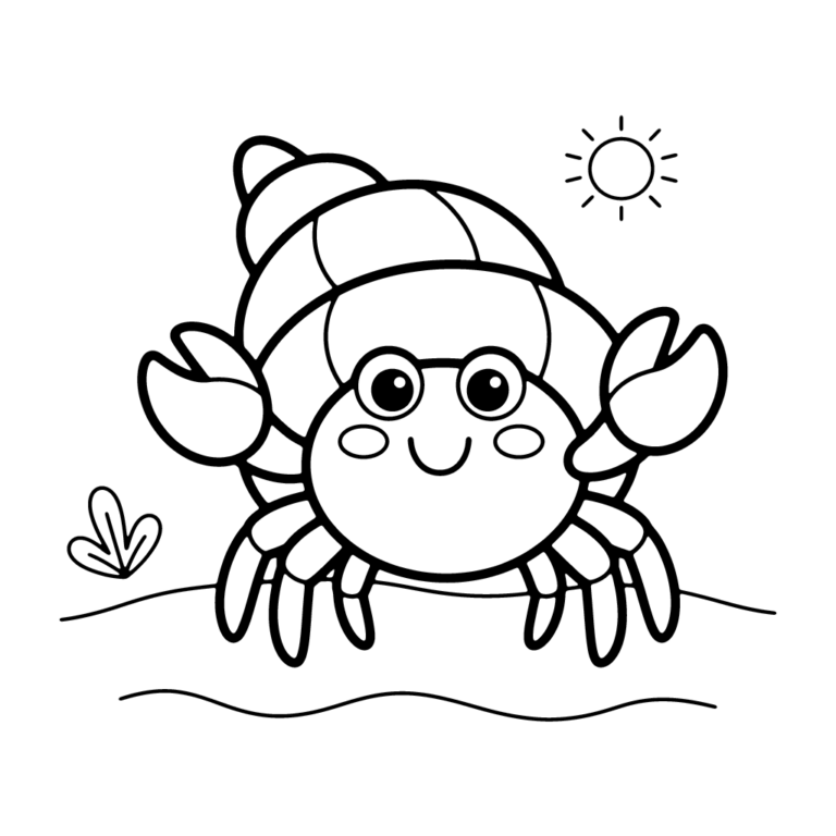 Na obrazku znajduje się uśmiechnięty krab pustelnik, który mieszka w dużej, spiralnej muszli, z małą roślinką i słoneczkiem w tle.