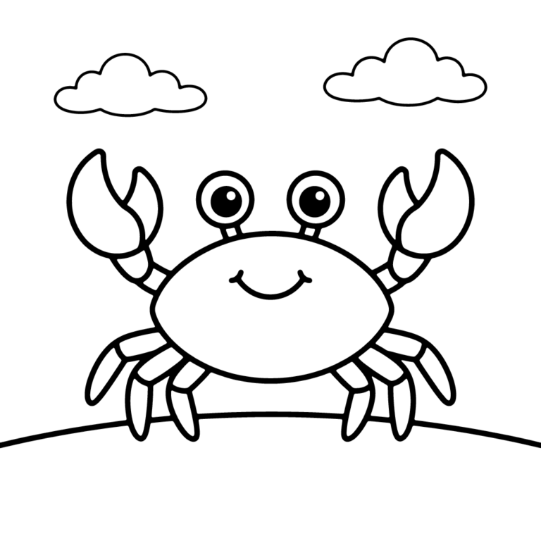 Na obrazku znajduje się duży, wesoło uśmiechnięty krab z uniesionymi szczypcami, stojący na piaszczystym brzegu pod dwiema puszystymi chmurkami.