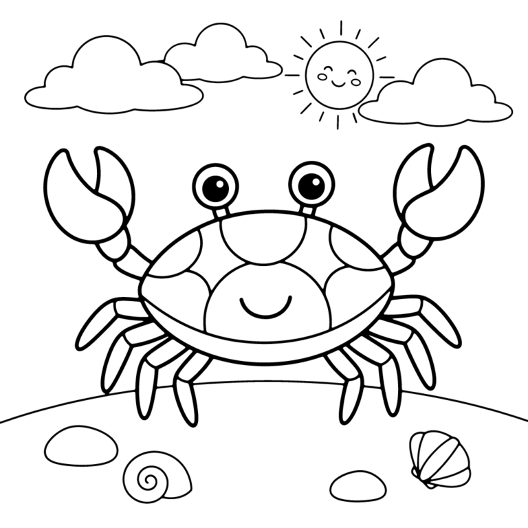 Na obrazku znajduje się uśmiechnięty krab stojący na piaszczystej wydmie w otoczeniu muszelek, chmur i radosnego słoneczka.