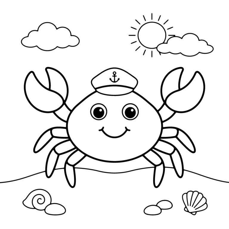 Na obrazku znajduje się uśmiechnięty krab w kapeluszu z kotwicą, stojący na plaży pod chmurkami i słońcem.