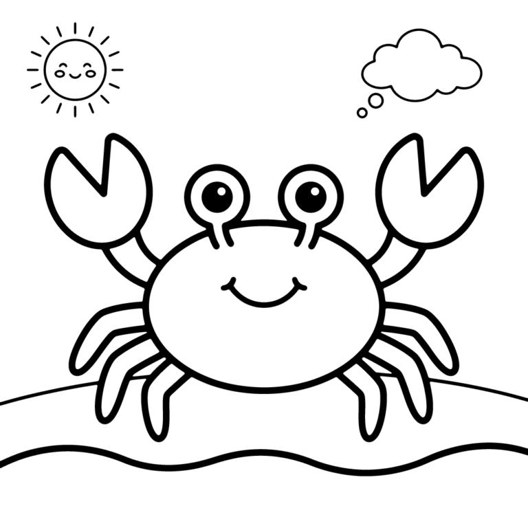 Na obrazku znajduje się uśmiechnięty krab z dużymi szczypcami siedzący na piaszczystej wydmie pod uśmiechniętym słoneczkiem i chmurką.