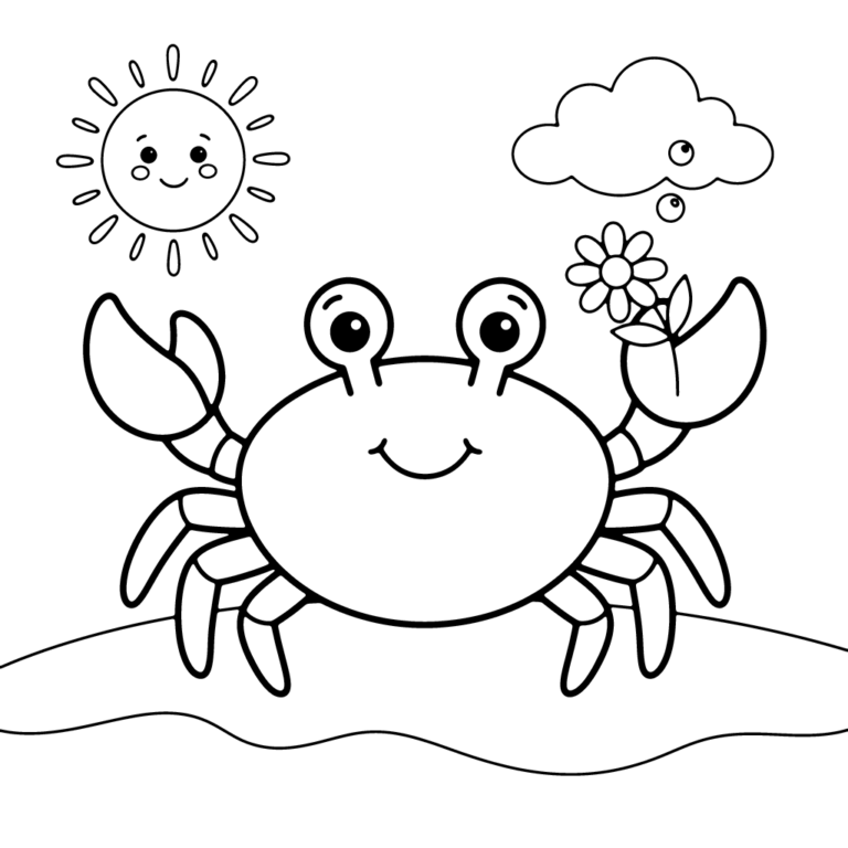 Na obrazku znajduje się uśmiechnięty krab siedzący na piaszczystym brzegu, trzymający mały kwiatek w jednym szczypcu, pod słoneczkiem i chmurką.