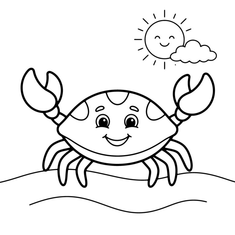 Na obrazku znajduje się uśmiechnięty krab stojący na piaszczystej wydmie pod uśmiechniętym słoneczkiem z chmurką.