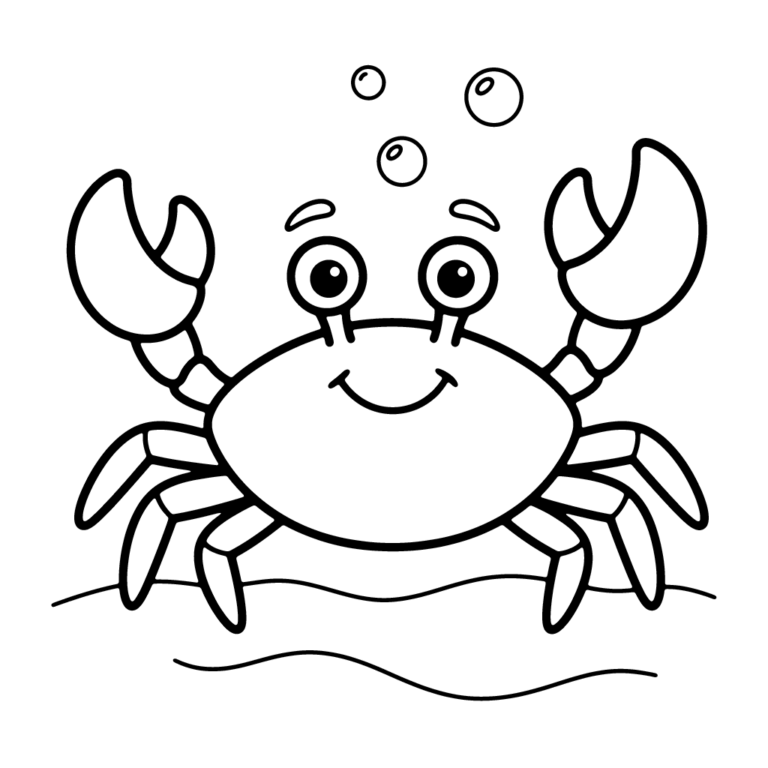 Na obrazku znajduje się uśmiechnięty krab z podniesionymi szczypcami, nad którym unoszą się bąbelki powietrza.