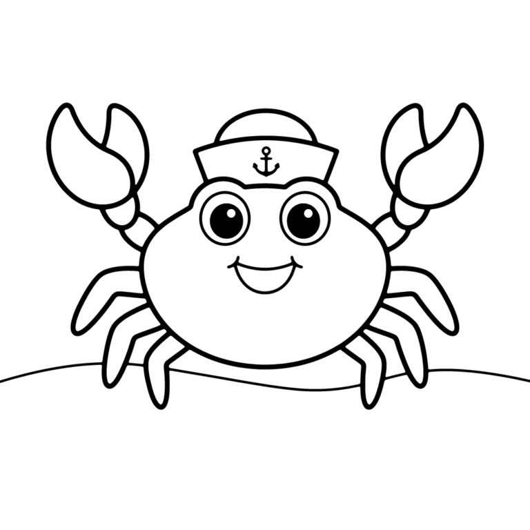 Na obrazku znajduje się uśmiechnięty krab w marynarskiej czapce z kotwicą, stojący na piaszczystym dnie.