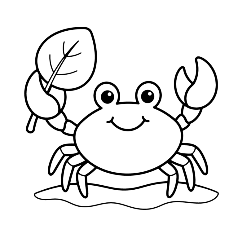 Na obrazku znajduje się uśmiechnięty krab stojący na piasku i trzymający w szczypcy duży liść.