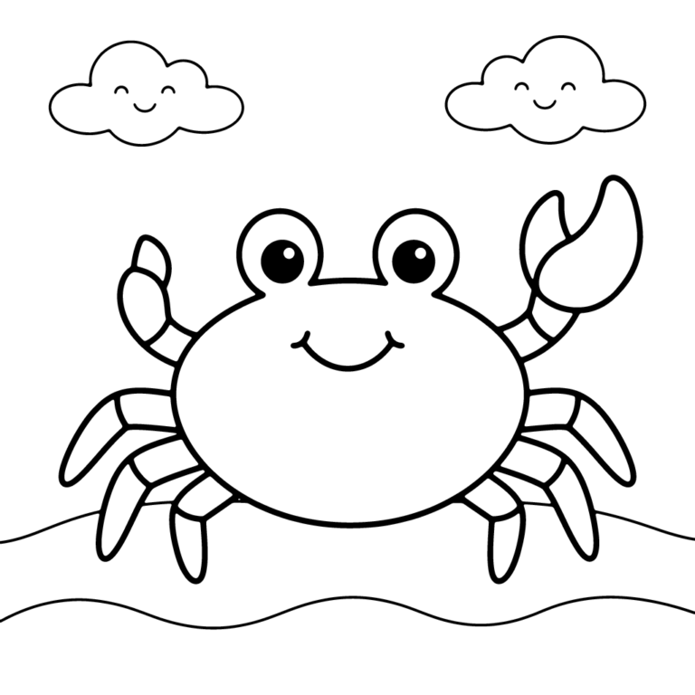 Na obrazku znajduje się duży, uśmiechnięty krab z podniesionymi szczypcami, stojący na piaszczystym brzegu pod dwiema przyjaznymi chmurkami.