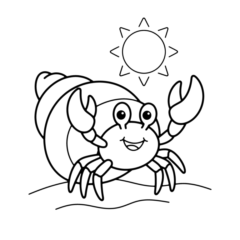 Na obrazku znajduje się uśmiechnięty krab pustelnik w dużej muszli, który stoi na piasku pod promieniami słońca.
