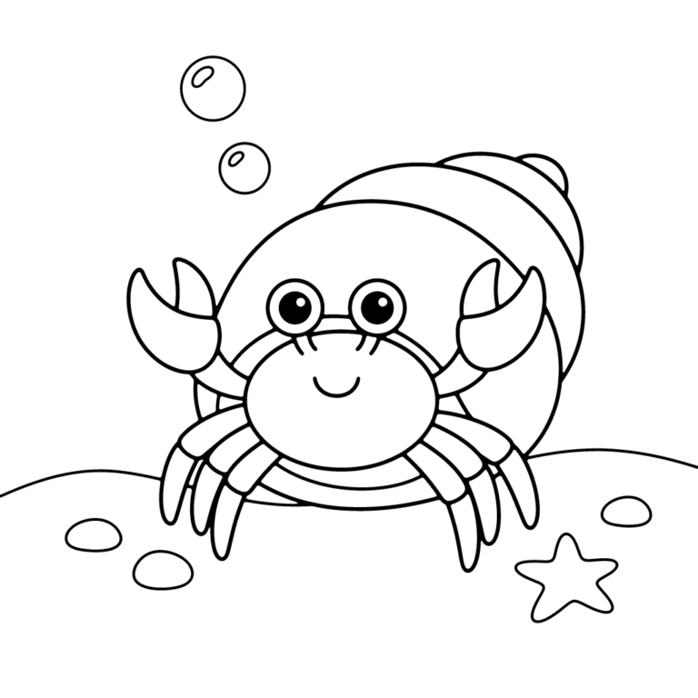 Na obrazku znajduje się uśmiechnięty krab pustelnik, który wystaje z dużej, spiralnej muszli na piaszczystym dnie morskim, w towarzystwie rozgwiazdy i bąbelków.