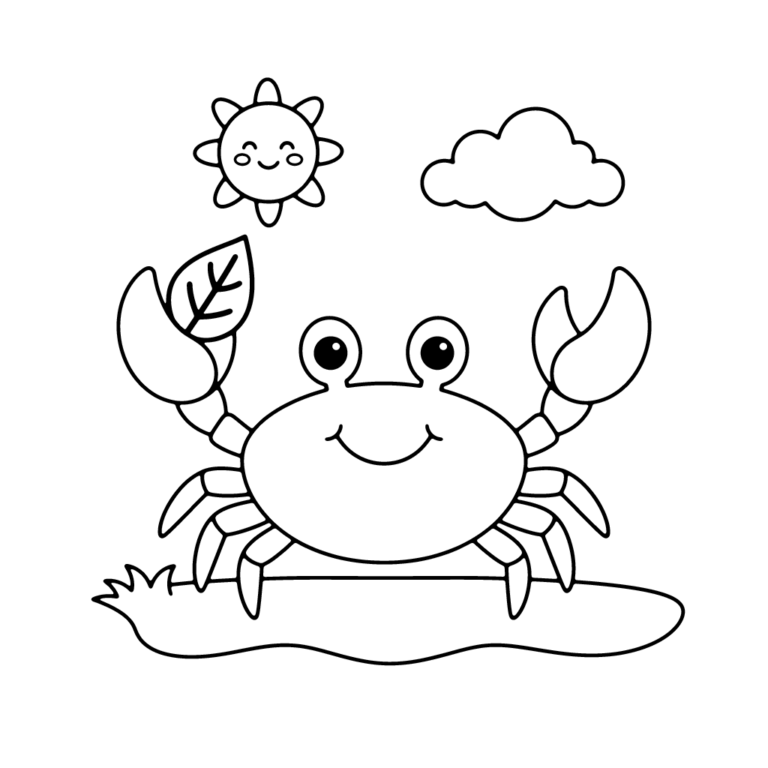 Na obrazku znajduje się duży, uśmiechnięty krab, który stoi na piaszczystej plaży i trzyma w jednej ze swoich szczypiec pojedynczy, zielony listek, a nad nim świeci słońce i widać chmurkę.