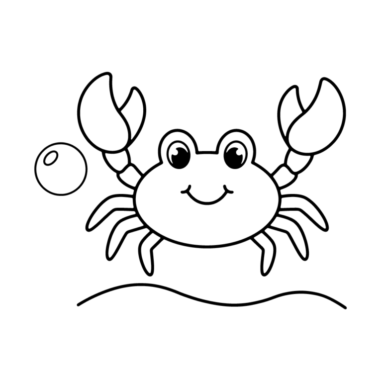Na obrazku znajduje się uśmiechnięty krab z dużymi szczypcami, który stoi na piaszczystym dnie obok morskiego bąbelka.