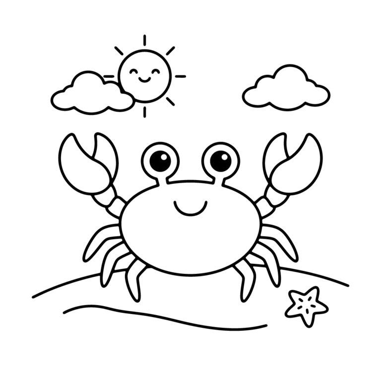 Na obrazku znajduje się duży, uśmiechnięty krab stojący na piaszczystym brzegu obok małej rozgwiazdy, pod wesołym słoneczkiem i dwiema chmurkami.