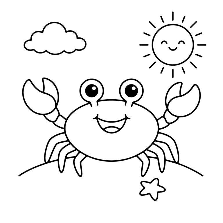 Na obrazku znajduje się duży, uśmiechnięty krab stojący na piaszczystej plaży obok małej rozgwiazdy, pod radosnym słoneczkiem i jedną chmurką.
