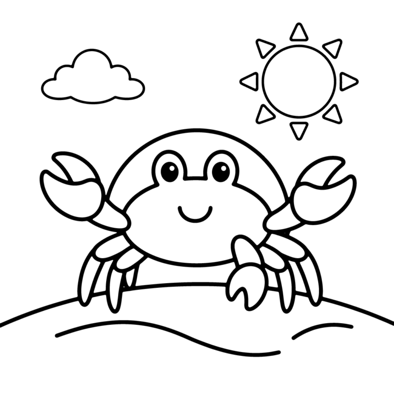Na obrazku znajduje się duży, uśmiechnięty krab stojący na piaszczystej plaży pod promiennym słońcem i obok puszystej chmurki.
