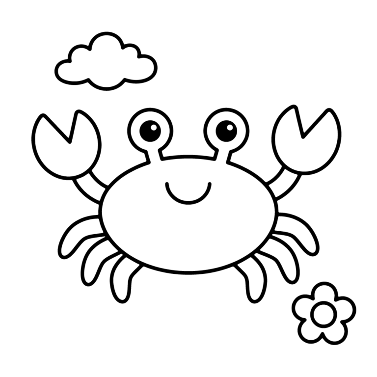 Na obrazku znajduje się duży, uśmiechnięty krab z podniesionymi szczypcami, nad którym unosi się chmurka, a obok na dole rośnie kwiatek.