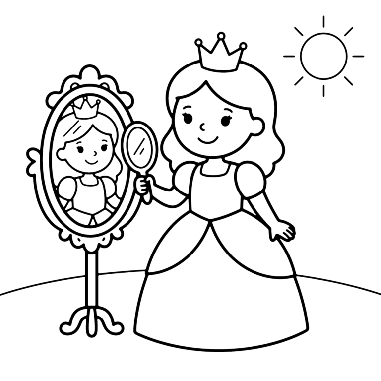 Na obrazku znajduje się uśmiechnięta księżniczka w koronie i pięknej sukni, która trzyma małe lusterko i przegląda się w dużym, ozdobnym lustrze stojącym.