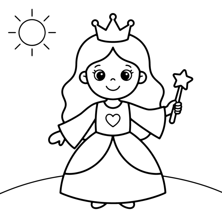 Na obrazku znajduje się uśmiechnięta księżniczka w koronie, która trzyma w dłoni magiczną różdżkę z gwiazdką na czubku.