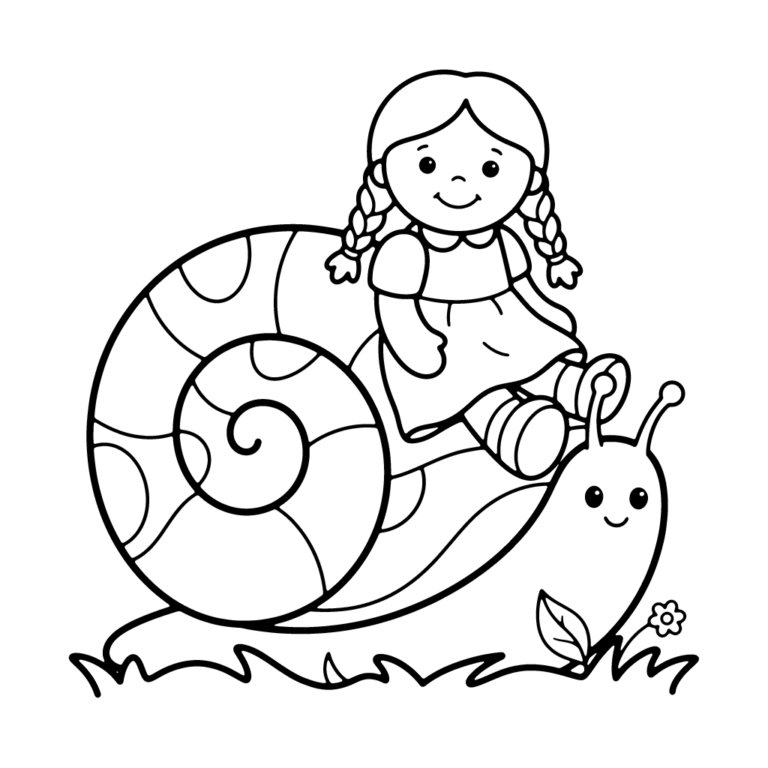 Na obrazku znajduje się uśmiechnięta lalka z kokardą, która siedzi wygodnie w dużej, spiralnej muszli ślimaka.