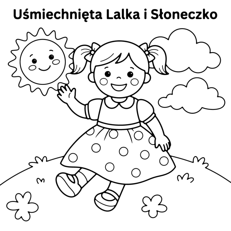 Na obrazku znajduje się radosna lalka z dwoma kucykami siedząca na zielonej polanie w towarzystwie uśmiechniętego słoneczka i puszystych chmur.