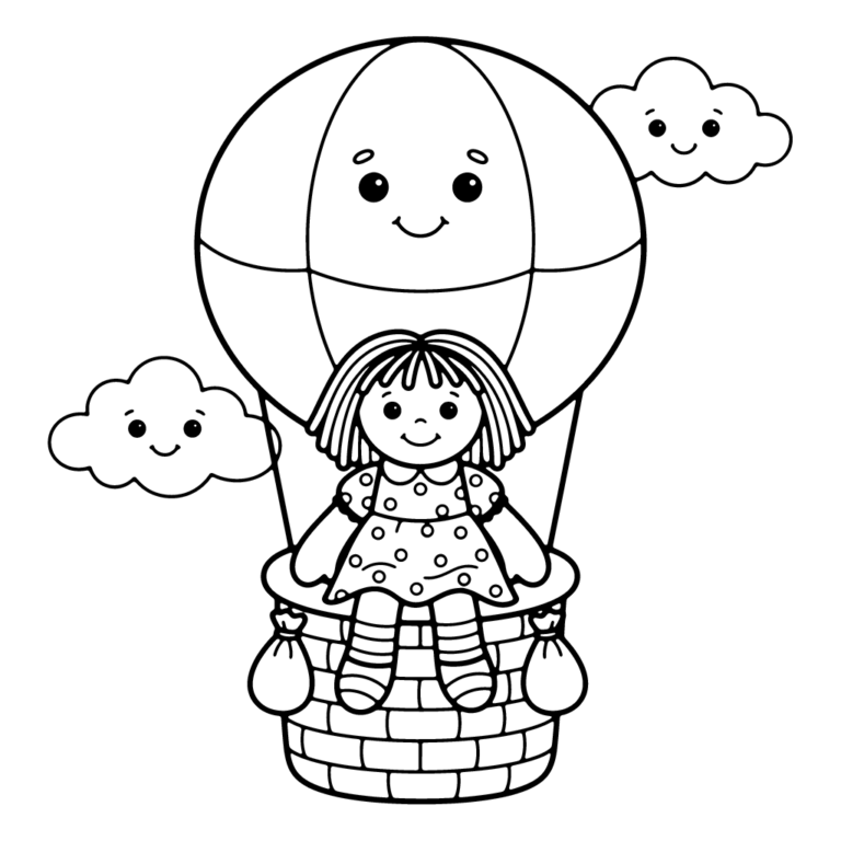 Na obrazku znajduje się uśmiechnięta laleczka siedząca w koszu dużego balonu na ogrzane powietrze, który ma narysowaną wesołą buźkę i unosi się wśród chmur.