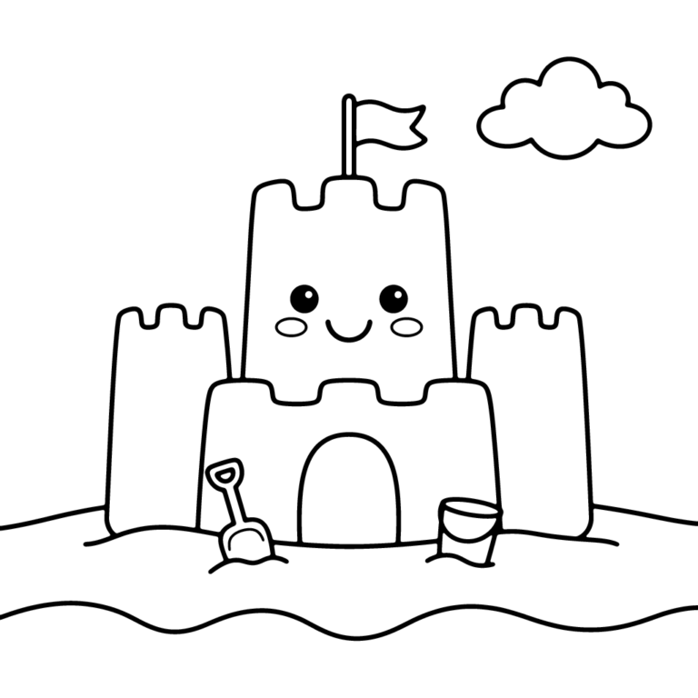 Na obrazku znajduje się duży, uśmiechnięty zamek z piasku z dwiema wieżami, łopatką i wiaderkiem u podstawy, na tle prostej linii plaży z chmurką.