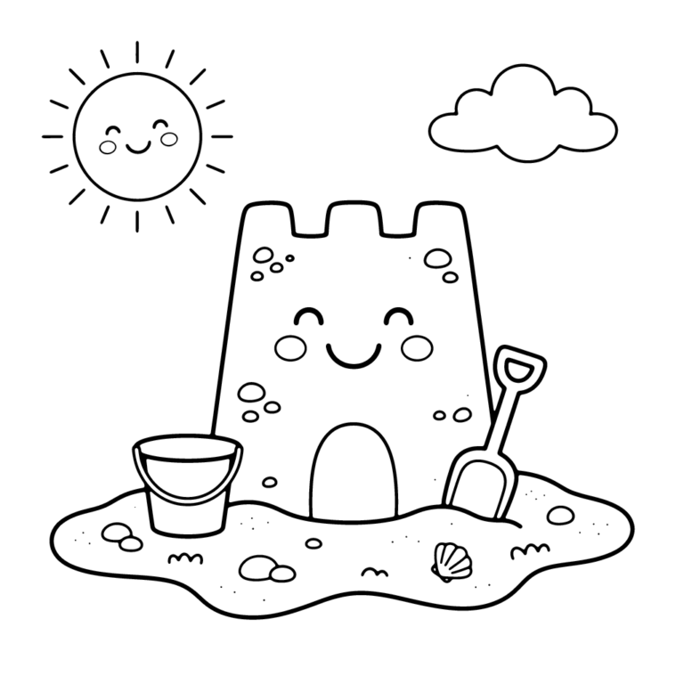 Na obrazku znajduje się duży, uśmiechnięty zamek z piasku, stojący na plaży obok wiaderka i łopatki, pod radosnym słoneczkiem.