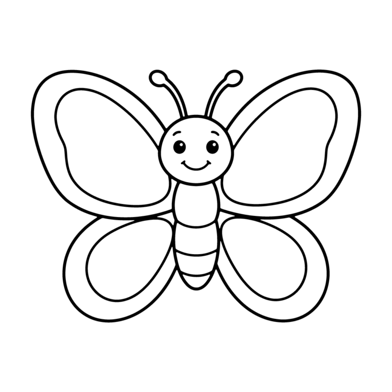 Na obrazku znajduje się duży, sympatyczny motyl z uśmiechniętą buźką, prostym tułowiem i dużymi, pustymi skrzydłami.
