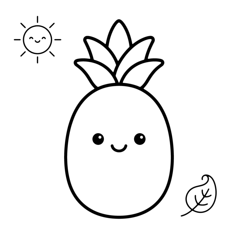 Na obrazku znajduje się uśmiechnięty ananas z listkami na czubku, któremu towarzyszy małe słoneczko oraz listek.