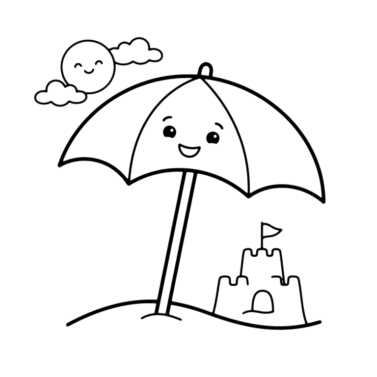 Na obrazku znajduje się duży, uśmiechnięty parasol plażowy wbity w piasek obok małego zameczku z piasku, a na niebie widać radosne słoneczko z chmurką.