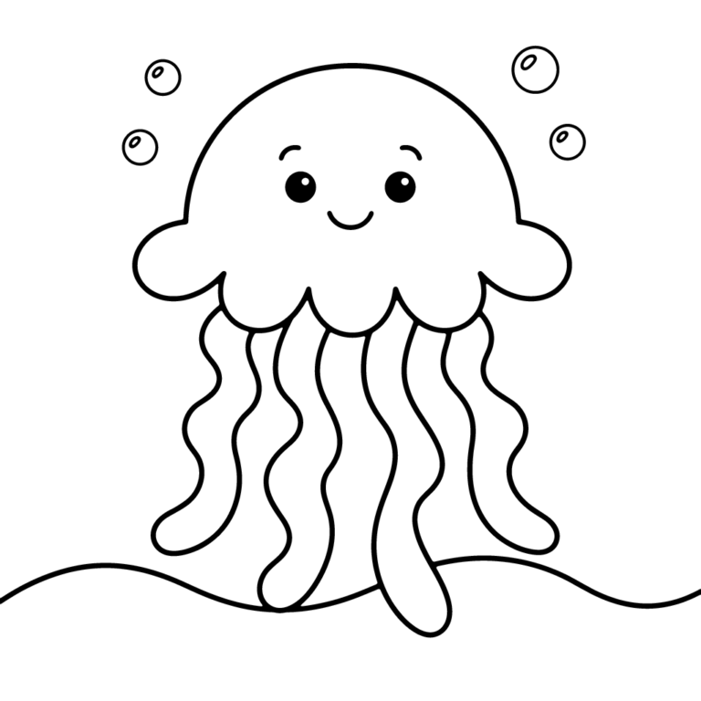 Na obrazku znajduje się duża, uśmiechnięta meduza z długimi, falującymi mackami, która pływa w wodzie pod kilkoma bąbelkami powietrza.