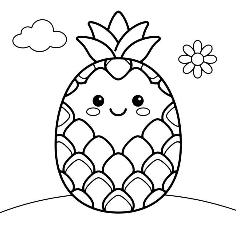 Na obrazku znajduje się duży, uśmiechnięty ananas z zielonymi liśćmi na czubku, któremu towarzyszy mała chmurka i kwiatek.