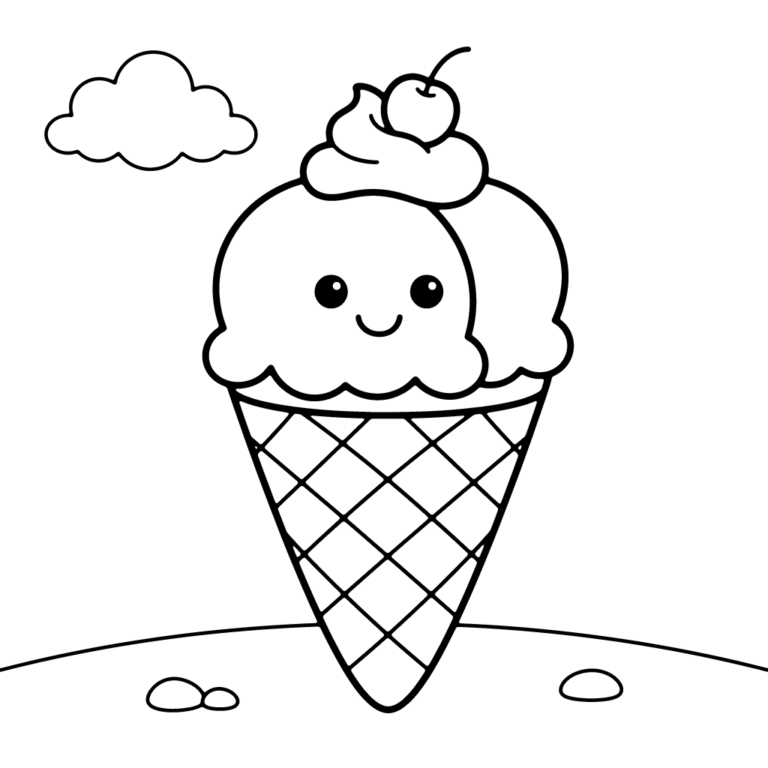Na obrazku znajduje się duży, uśmiechnięty lód z dwiema gałkami w wafelku, zwieńczony bitą śmietaną i wisienką.
