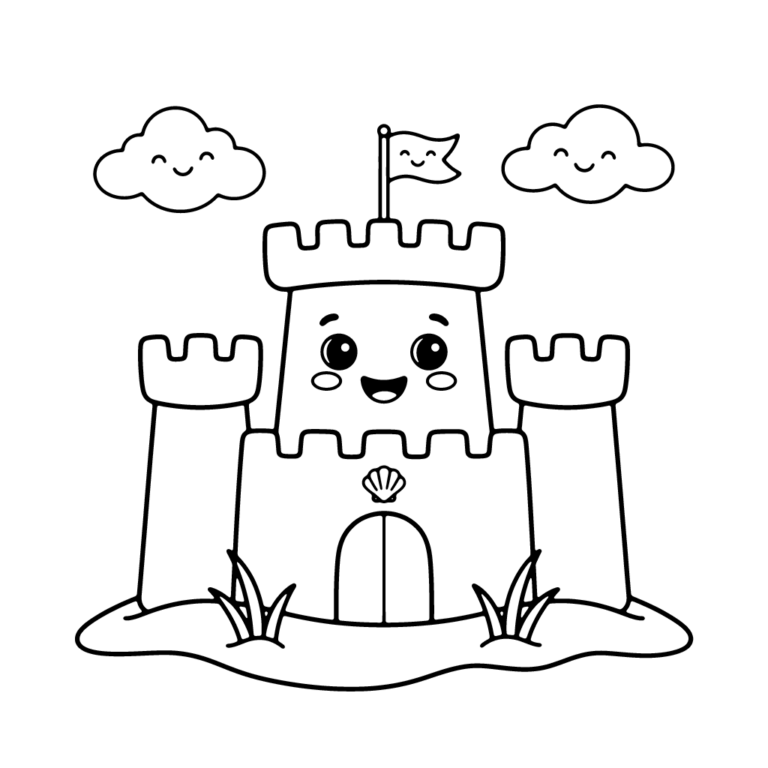 Na obrazku znajduje się uśmiechnięty zamek z piasku ozdobiony muszelką, z powiewającą flagą na szczycie i dwiema chmurkami w tle.