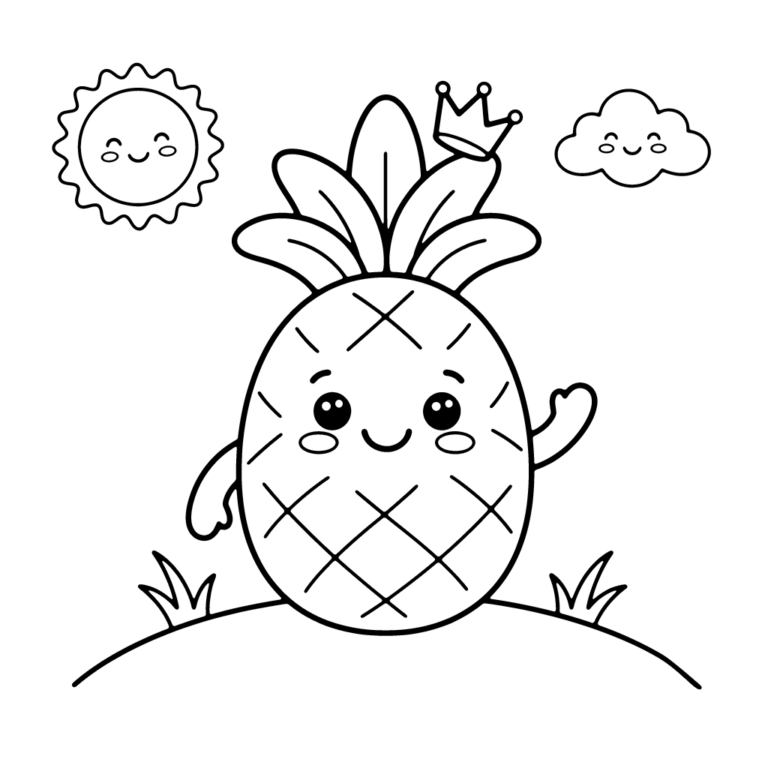 Na obrazku znajduje się duży, uśmiechnięty ananas z liściastą koroną, ozdobiony małą koroną i machający ręką, stojący na pagórku z trawą pod wesołym słonkiem i chmurką.