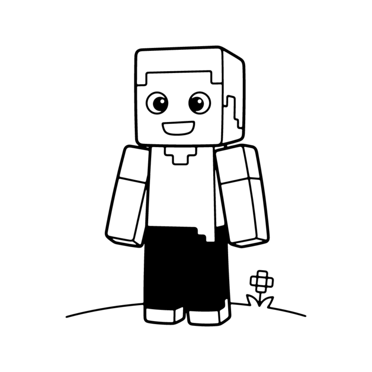 Na obrazku znajduje się uśmiechnięta postać w stylu Minecrafta stojąca na wzgórzu z małym kwiatkiem.