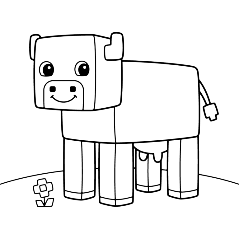 Na obrazku znajduje się uśmiechnięta, kanciasta krowa w stylu Minecrafta stojąca na zielonym wzgórzu obok małego kwiatka.