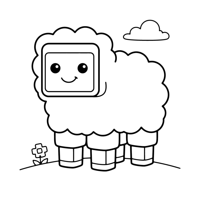 Na obrazku znajduje się uśmiechnięta, sześcianowata owca w stylu Minecrafta, stojąca na wzgórzu obok kwiatka, z chmurką na niebie.