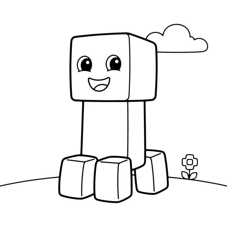 Na obrazku znajduje się duży, uśmiechnięty stworek w stylu Minecrafta stojący na trawie obok małego kwiatka, z chmurką w tle.