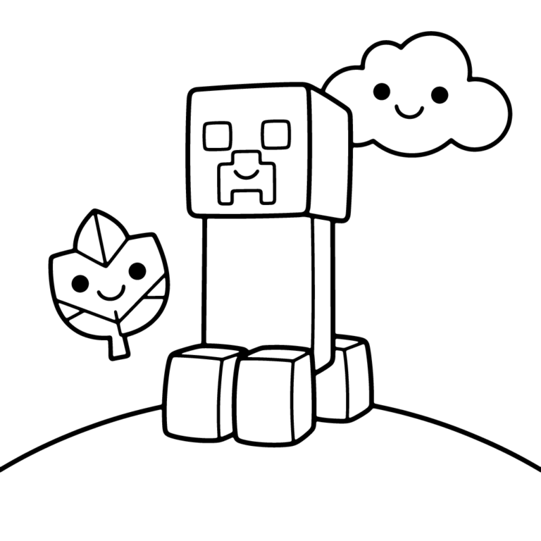 Na obrazku znajduje się duży, przyjazny, klockowy stworek z Minecrafta stojący na trawie obok listka i uśmiechniętej chmurki.