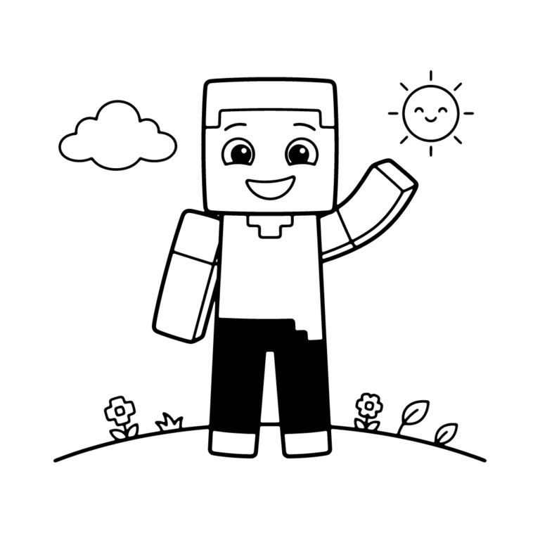 Na obrazku znajduje się uśmiechnięty kwadratowy bohater z Minecrafta stojący na zielonej łące pod słońcem i chmurką.