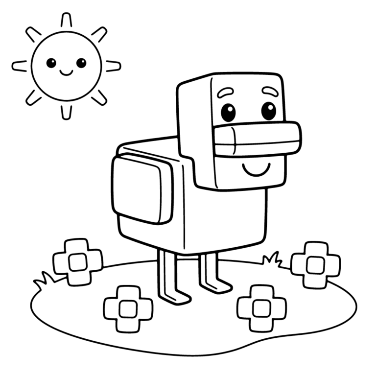 Na obrazku znajduje się duży, uśmiechnięty klockowy kurczak w stylu Minecraft, stojący na łące z trzema kwiatkami i uśmiechniętym słoneczkiem.