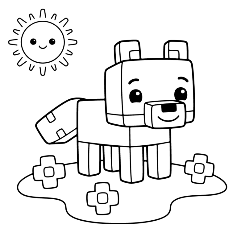 Na obrazku znajduje się duży, uśmiechnięty klockowy lis w stylu Minecraft, stojący na łące z trzema kwiatkami i uśmiechniętym słoneczkiem w górnym rogu.