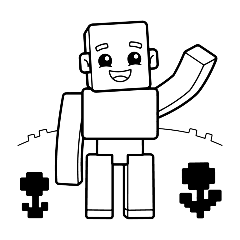 Na obrazku znajduje się duży, wesoły, klockowy golem z Minecrafta, który stoi i macha jedną ręką, a u jego stóp rosną czerwone kwiatki.