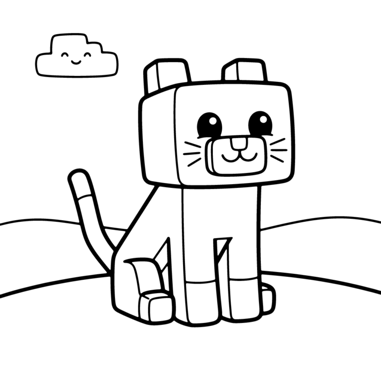 Na obrazku znajduje się siedzący kwadratowy kotek w stylu Minecrafta z uśmiechniętą buzią, małą chmurką w tle oraz trawą.